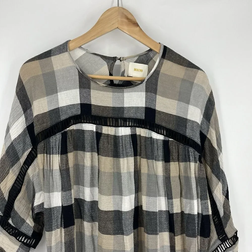 Maeve Anthropologie Dress Size Small Black White Plaid Kimono Tunic Pockets